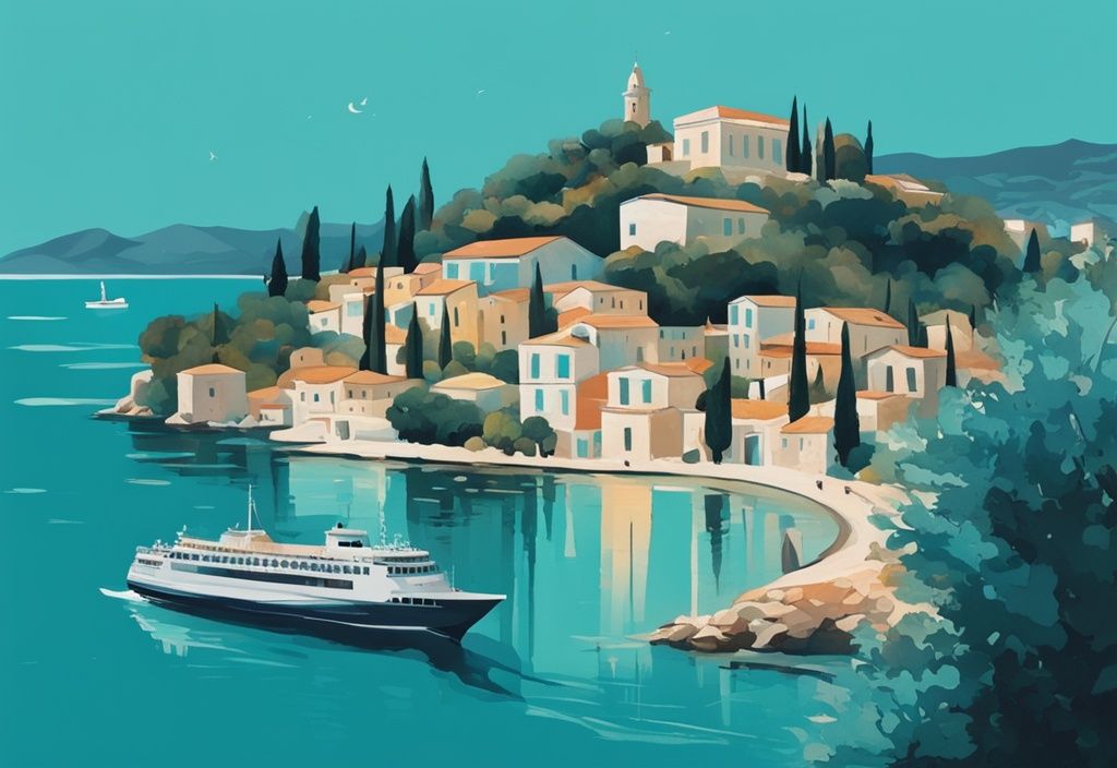 Illustrazione moderna di un traghetto nelle acque blu scintillanti, viaggiando dall'isola lussureggiante di Corfù verso il pittoresco villaggio costiero di Ksamil, con tema cromatico principale in teal.