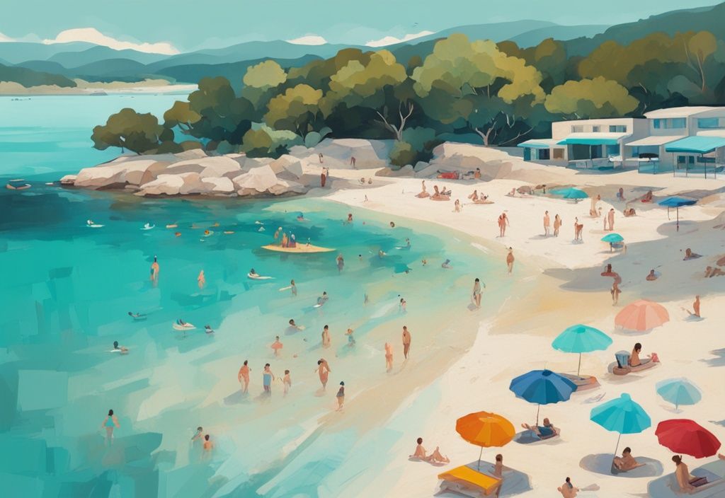 Illustrazione moderna con tema principale color teal, vista serena delle acque cristalline di Ksamil, persone che prendono il sole sulla spiaggia sabbiosa e ombrelloni colorati che punteggiano il paesaggio.