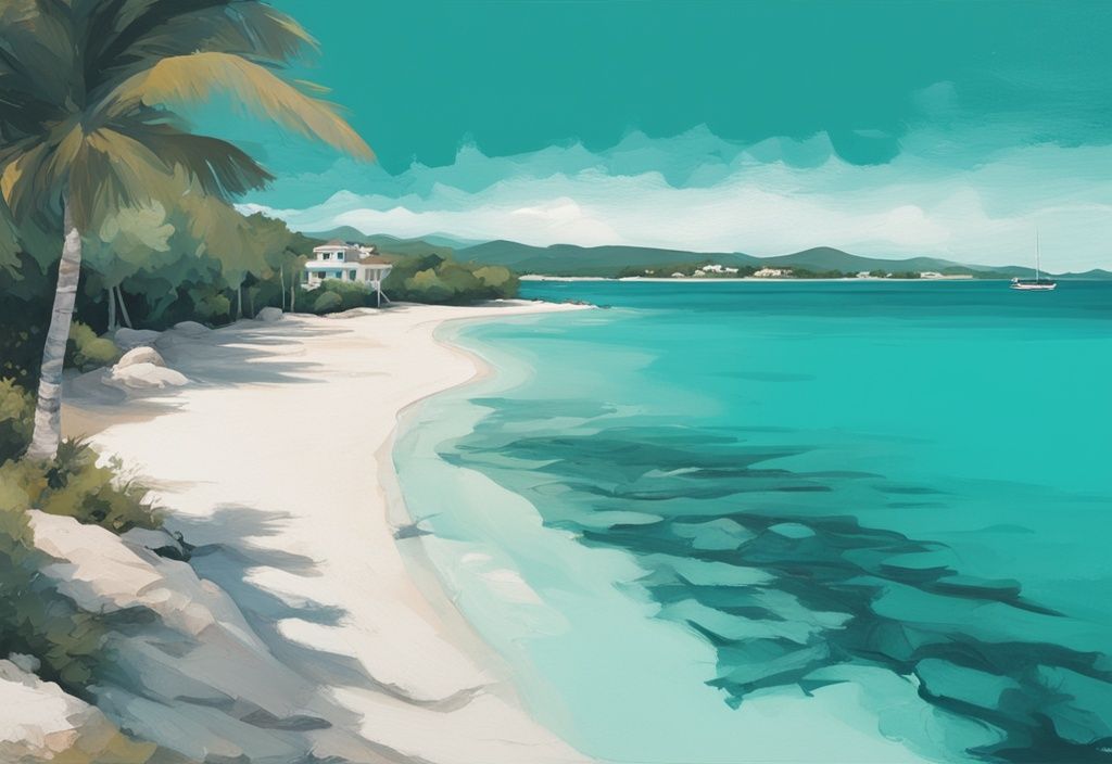 Illustrazione di un dipinto moderno con tema principale color teal, che mostra una vista mozzafiato della spiaggia di Ksamil con le acque cristalline turchesi di Puerto Rico sullo sfondo e la sabbia bianca in primo piano.