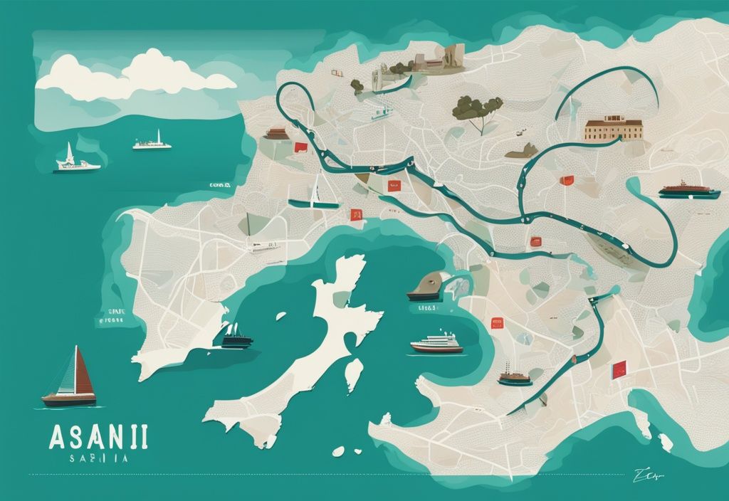 Illustrazione moderna con tema principale teal che mostra una mappa del percorso da Bari, Italia a Ksamil, Albania, evidenziando punti di riferimento e opzioni di trasporto; come arrivare a Ksamil da Bari.