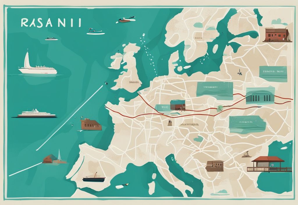 Illustrazione moderna di una mappa con tema principale color teal, che mostra come arrivare a Ksamil da Bari, Italia, evidenziando il percorso, i punti di riferimento e le opzioni di trasporto disponibili.