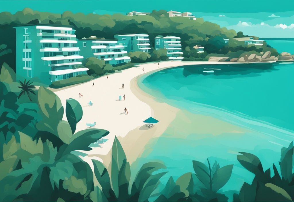 Illustrazione moderna con tema principale color teal, che mostra appartamenti moderni immersi nel verde lussureggiante di Ksamil, con il sereno mare turchese sullo sfondo - Ksamil appartamenti sul mare.