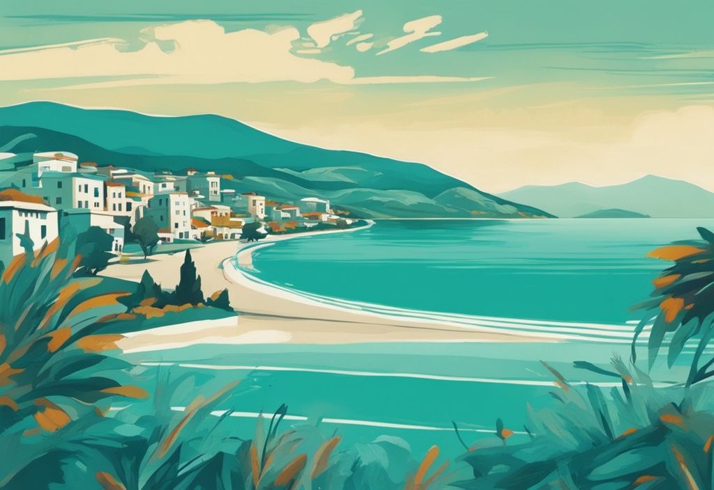 Illustrazione moderna di un viaggio da Valona a Ksamil, passando per la campagna albanese verdeggiante e terminando sulle spiagge serene di Ksamil, con tema principale di colore teal.