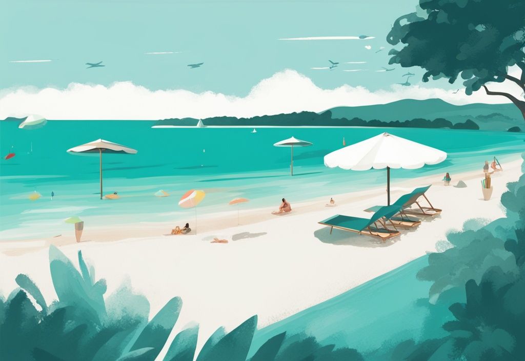 Illustrazione moderna di una vista pittoresca delle acque cristalline turchesi delle Ksamil spiagge, con sabbia bianca soffice, vegetazione rigogliosa sullo sfondo e alcuni ombrelloni colorati sparsi.