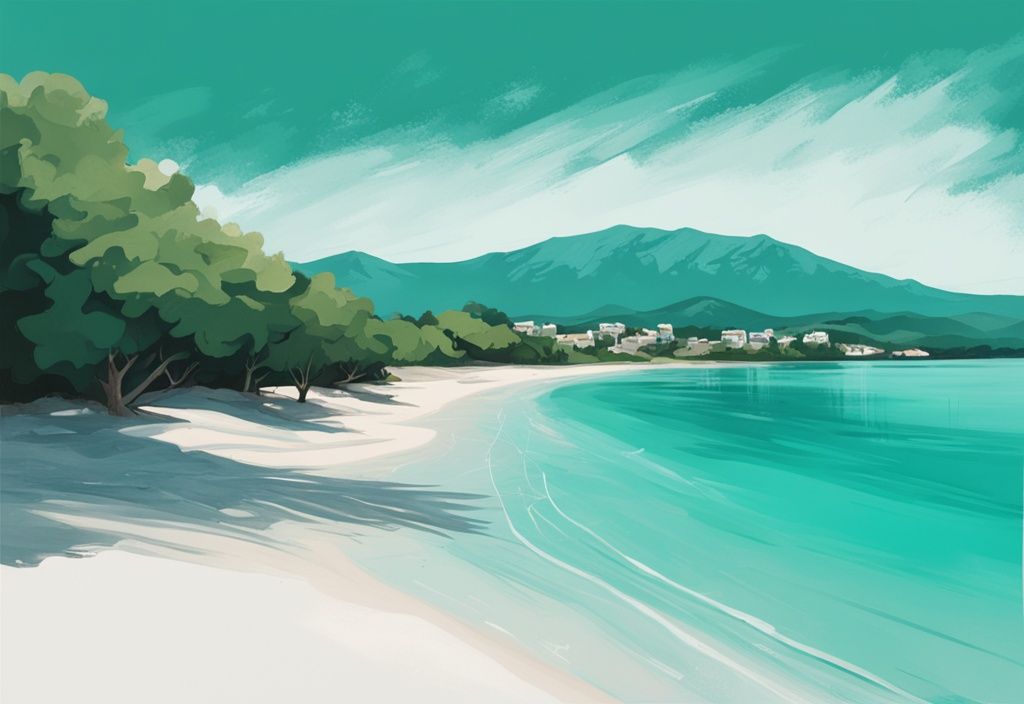 Illustrazione moderna di Lori Beach a Ksamil, Albania, con acque cristalline, sabbia bianca e colline verdi sullo sfondo, tema colore principale turchese.