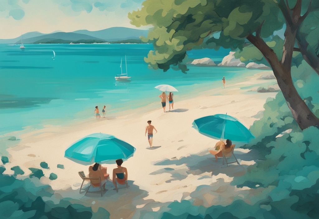 Illustrazione moderna di una vista serena delle acque turchesi cristalline di Ksamil, con una famiglia che si gode la spiaggia sabbiosa sotto l'ombra di un ombrellone, circondata dal verde lussureggiante della zona, ideale per vacanze a Ksamil.