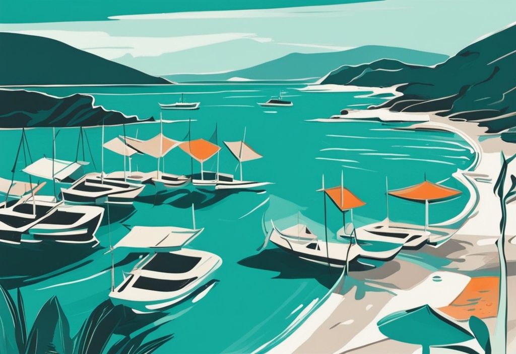 Illustrazione moderna del viaggio pittoresco da Valona attraverso la Riviera Albanese fino alle splendide spiagge di Ksamil, con tema cromatico principale in tonalità di teal.