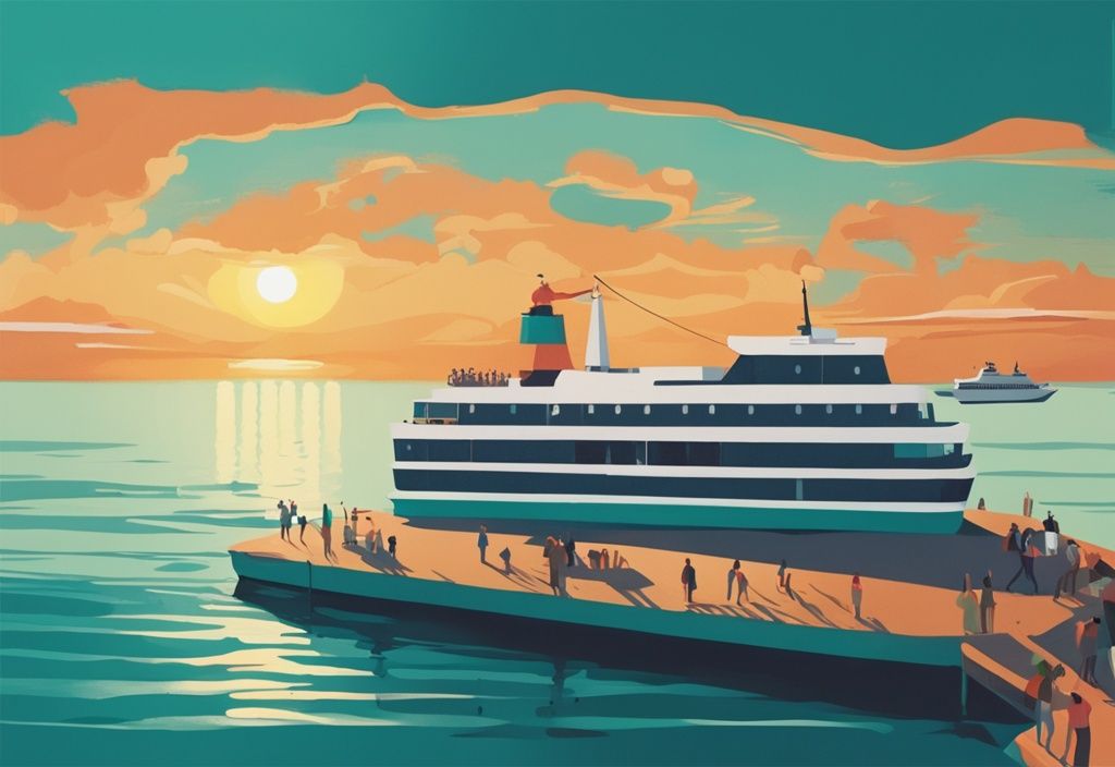 Illustrazione moderna con traghetto in mare sulla rotta Corfù-Ksamil, sfondo al tramonto e tema colore principale teal.