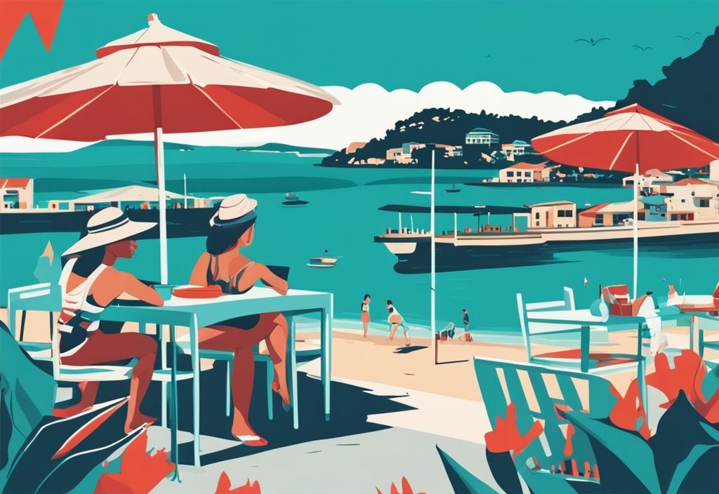 Illustrazione moderna di una vista pittoresca della spiaggia di Ksamil in Albania, con tema colore teal e prezzi sovrapposti su attrazioni come ombrelloni, ristoranti locali e noleggio barche - Ksamil prezzi.