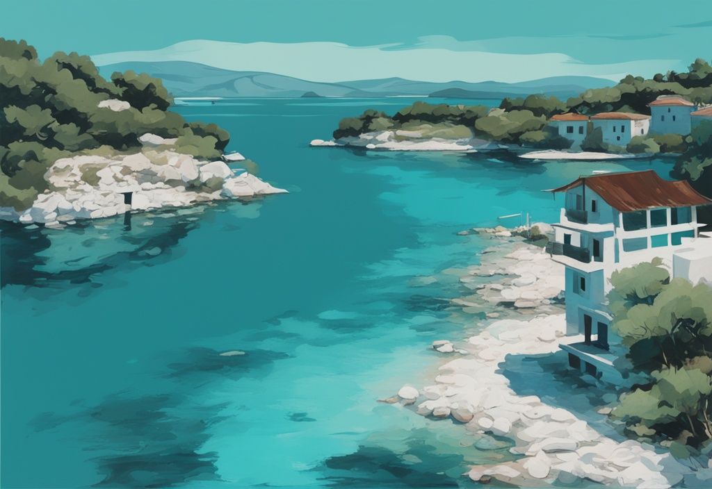 Illustrazione moderna di un dipinto con tema principale il color teal, raffigurante le acque azzurre incantevoli del Ksamil Occhio Blu in Albania, con il paesaggio albanese sullo sfondo.