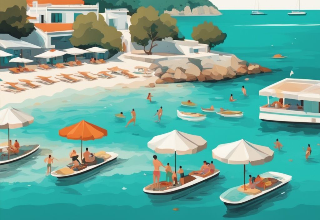 Illustrazione moderna della spiaggia di Ksamil con acque cristalline, prezzi per lettini, sport acquatici e bancarelle di cibo locale, tema colore teal