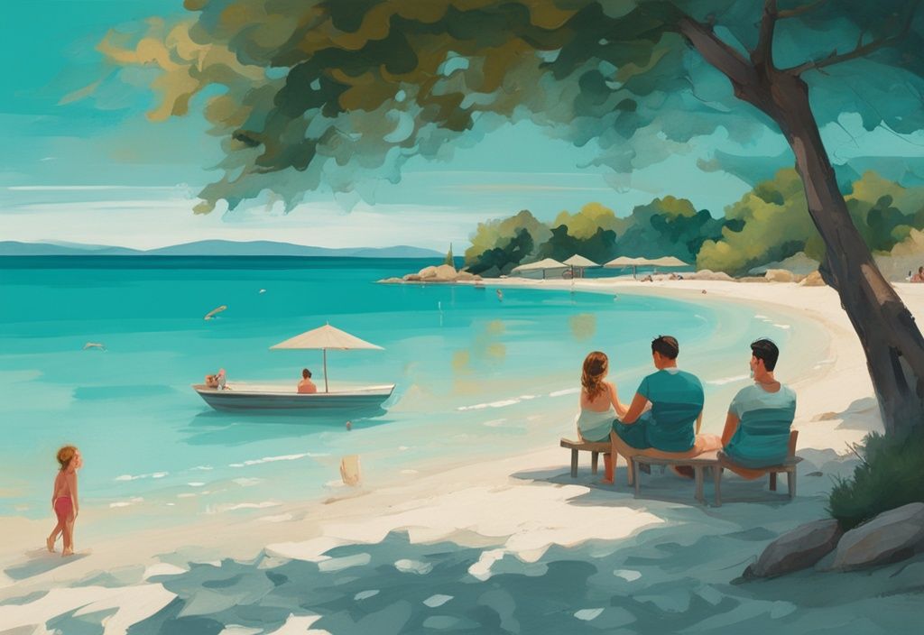 Illustrazione moderna con tema principale color teal: vista serena delle acque cristalline turchesi di Ksamil, con una famiglia che si gode la spiaggia sabbiosa all'ombra di un ombrellone, circondata dal verde lussureggiante della zona. Vacanze a Ksamil.