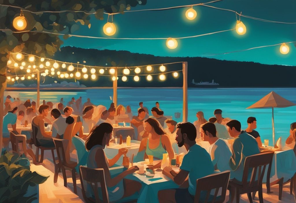 Illustrazione moderna con tema principale color teal, persone che godono di una cena all'aperto sotto luci a stringa, con la splendida spiaggia di Ksamil al tramonto sullo sfondo.