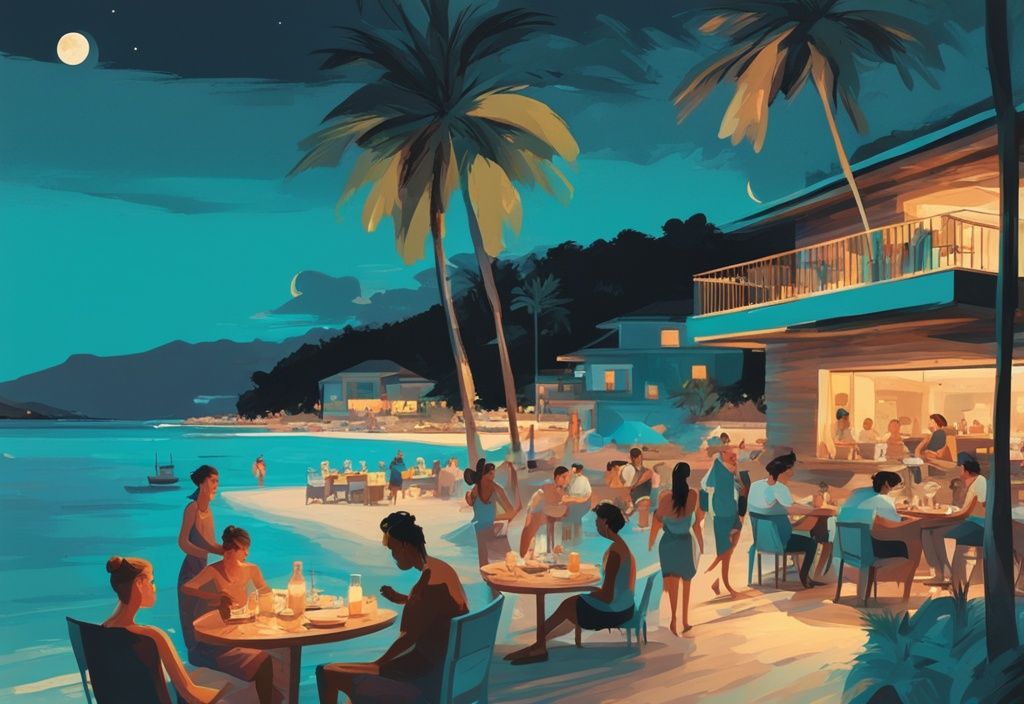 Illustrazione moderna di una vivace serata a Ksamil con tema principale color teal, persone che cenano all'aperto in un ristorante sulla spiaggia, una coppia che passeggia sulla spiaggia illuminata dalla luna e vista lontana del Bora Bora Beach Club illuminato; cosa fare a Ksamil la sera.