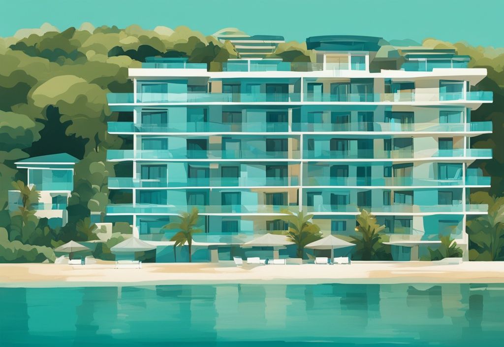 Illustrazione moderna di appartamenti eleganti e moderni a Ksamil, circondati da verde vibrante e con vista mozzafiato sul mare cristallino, tema colore principale teal.