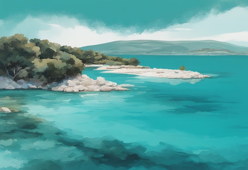 Illustrazione moderna del paesaggio albanese con le acque azzurre del Ksamil Occhio Blu Albania e sfondo naturale in tonalità teal.