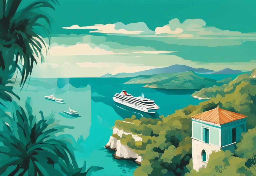 Illustrazione di un traghetto Corfu Ksamil nelle acque cristalline tra le isole verdi e lussureggianti di Corfu e Ksamil sotto un cielo soleggiato.