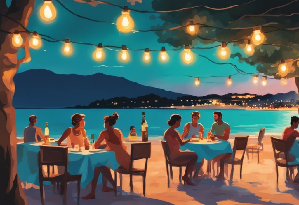 Illustrazione moderna di persone che cenano all'aperto sotto luci calde, con la spiaggia di Ksamil al tramonto sullo sfondo, tema principale colore teal.