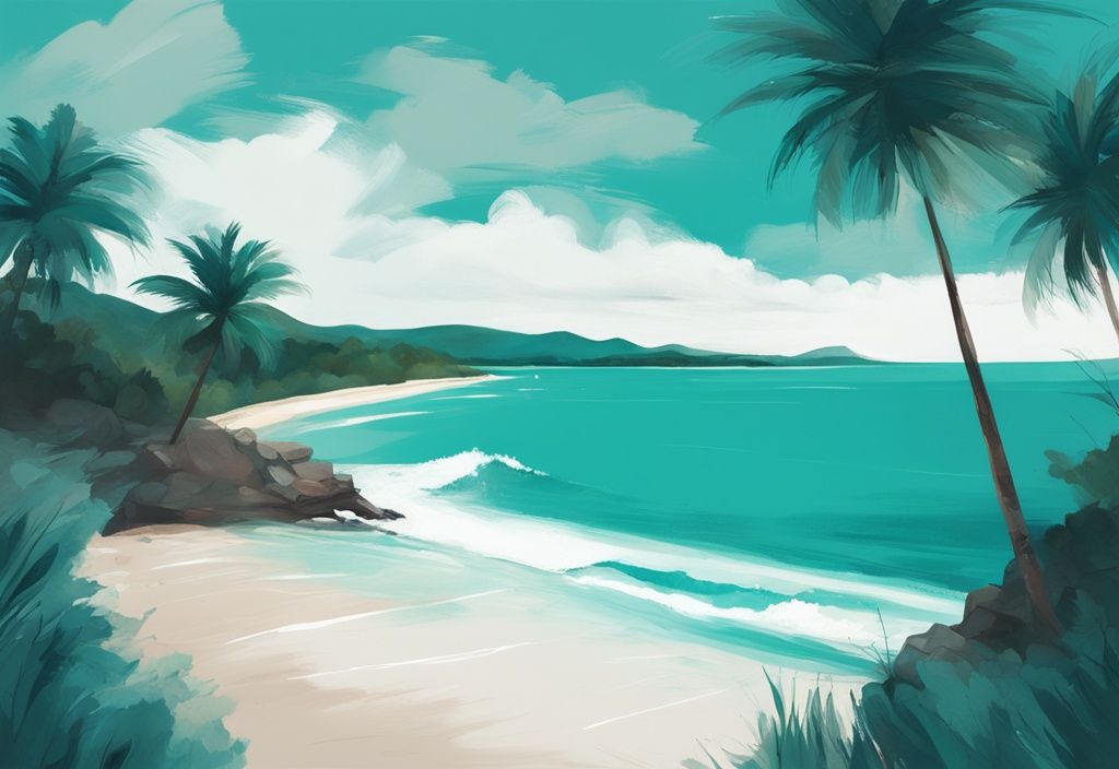 Illustrazione moderna della spiaggia di Ksamil in Porto Rico con tema principale color teal, acque cristalline, sabbia bianca e palme tropicali.