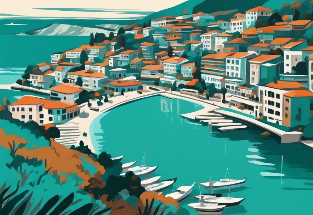 Illustrazione moderna di un viaggio da Valona a Ksamil, passando per la campagna albanese e le spiagge serene, con tema principale color teal.