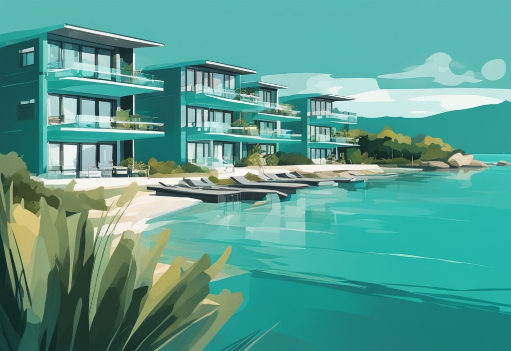 Illustrazione moderna di appartamenti eleganti a Ksamil, circondati da verde vibrante e con vista sul mare cristallino, tema colore principale teal.