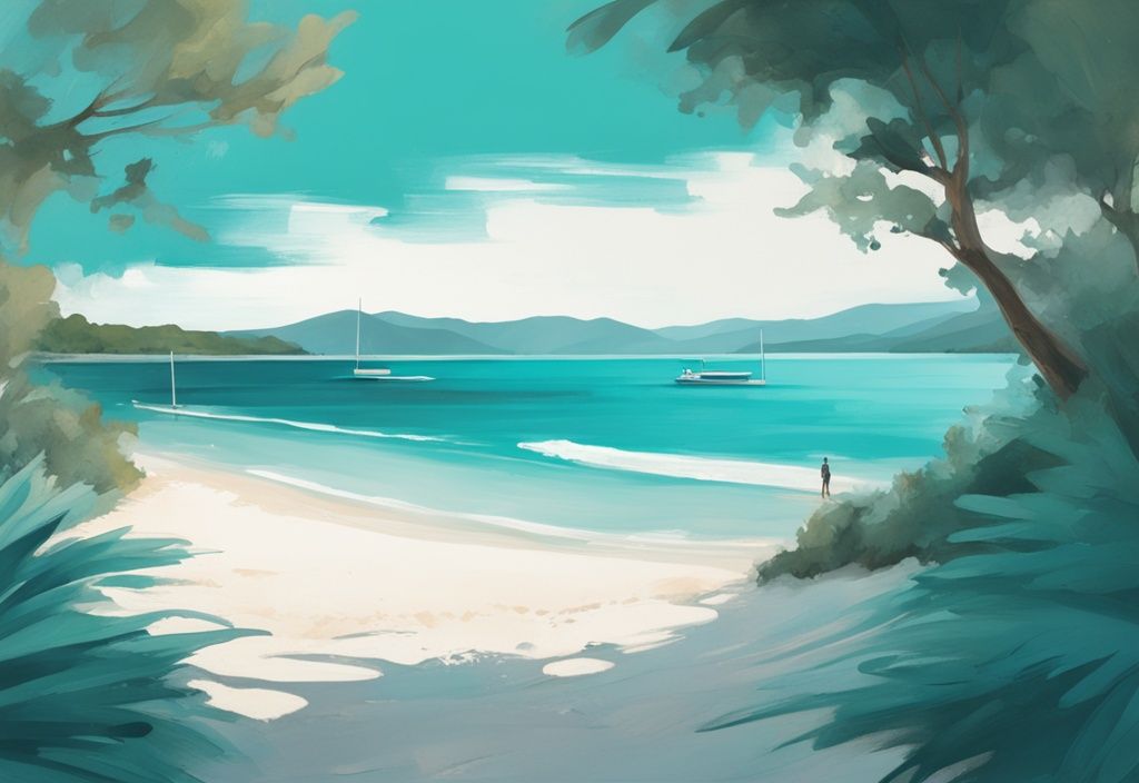 Illustrazione moderna di Lori Beach a Ksamil con tema principale color teal, acque cristalline, sabbia bianca e vegetazione lussureggiante.